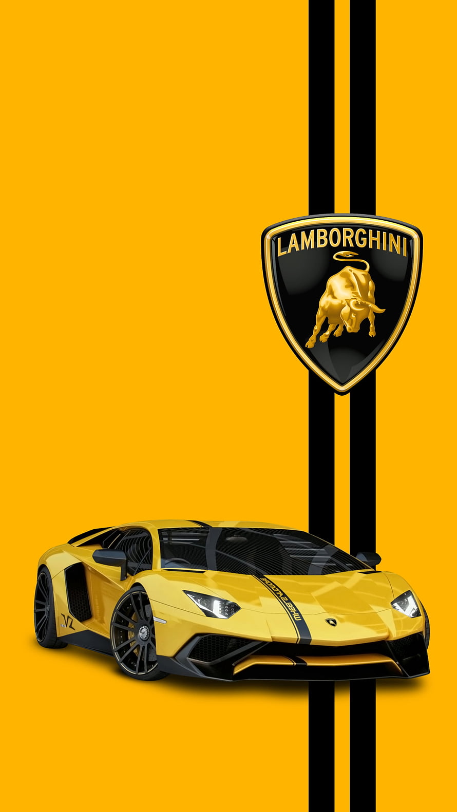 Lamborghini Aventador SVJ Yellow Super Car with Brand Logo on Bold Background HD phone wallpaper