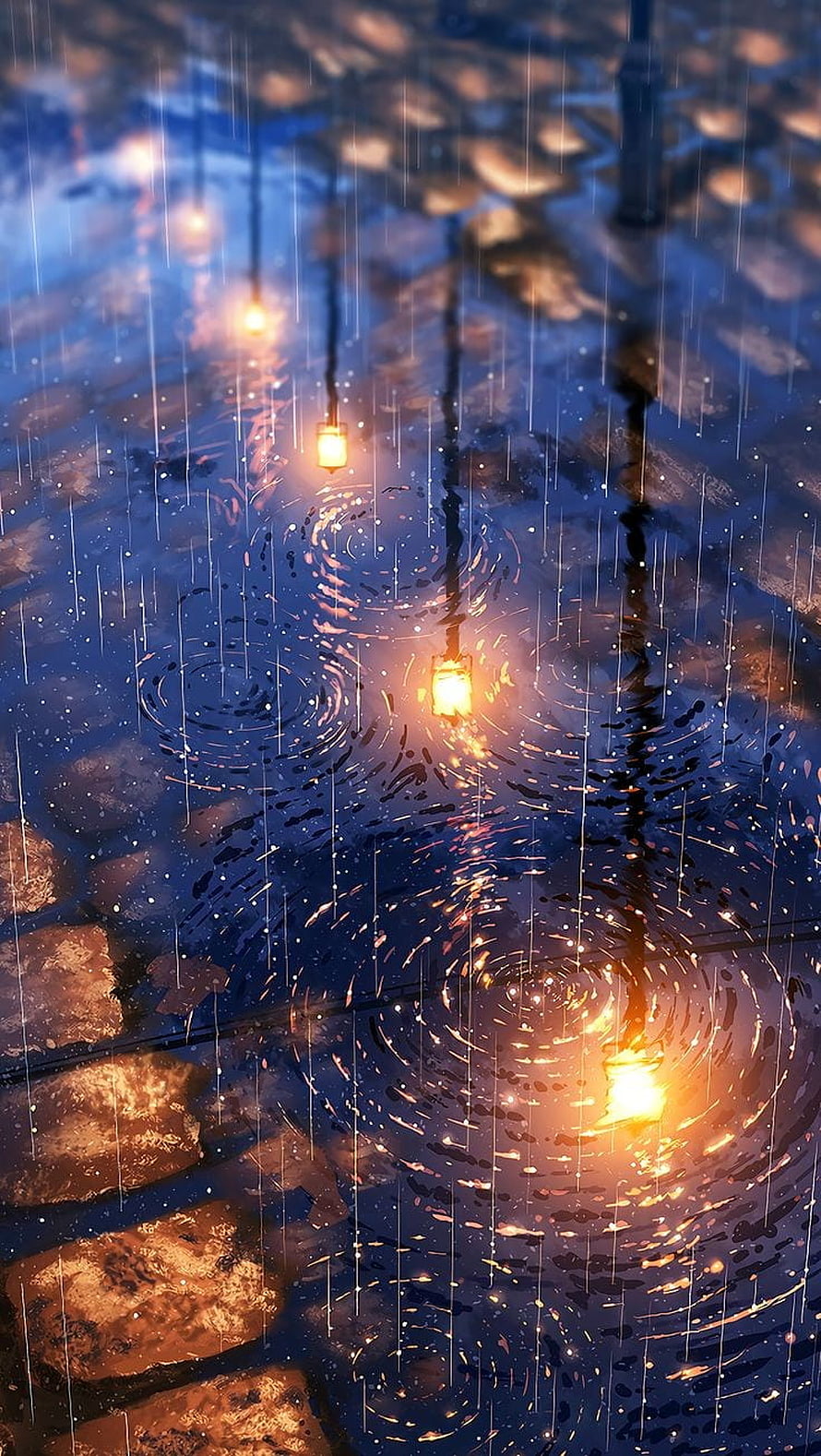 Glowing Lanterns Reflecting in Rainy Cobblestone Street at Night HD phone wallpaper