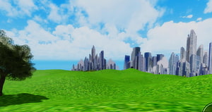 Roblox Dreamcore Landscape With Futuristic City Skyline And Rolling Green Hills HD wallpaper