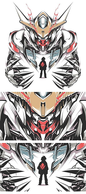 Barbatos Lupus Gundam Iron-Blooded Orphans Mecha Artwork with Pilot Silhouette HD phone wallpaper