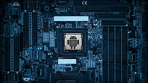 Android Robot Logo on Blue Circuit Board Close-Up HD wallpaper