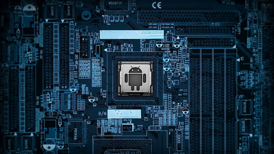 Android Robot Logo on Blue Circuit Board Close-Up HD wallpaper