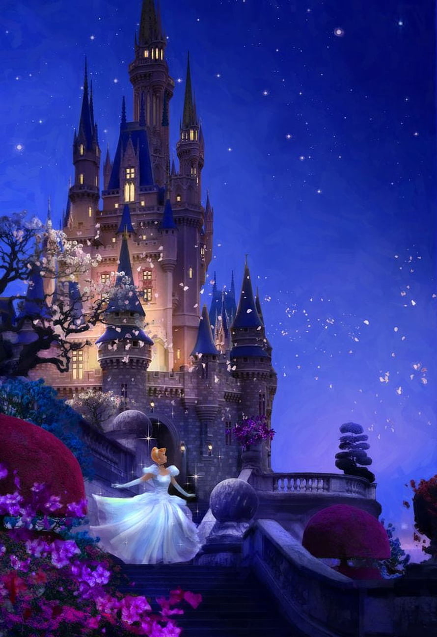 Cinderella in her white ball gown standing on castle steps at night with magical sparkles and a starry sky HD phone wallpaper