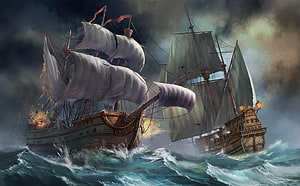 Dramatic naval battle between two wooden sailing ships on a stormy ocean with cannon fire and crashing waves HD wallpaper