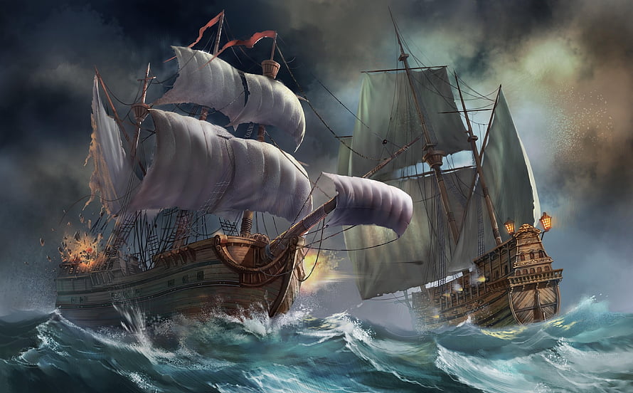 Dramatic naval battle between two wooden sailing ships on a stormy ocean with cannon fire and crashing waves HD wallpaper