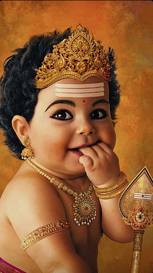 Baby Balaji Murugan with Golden Crown and Vel Weapon Portrait HD phone wallpaper