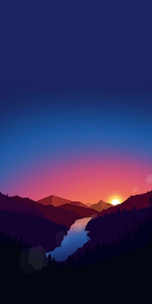 Minimalist Mountain Valley Sunrise with Winding River and Pine Forest Silhouette HD phone wallpaper