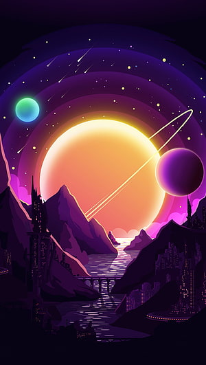 Retro Futuristic Sci-Fi Landscape With Giant Sun, Ringed Planet, and Neon Cityscape HD phone wallpaper