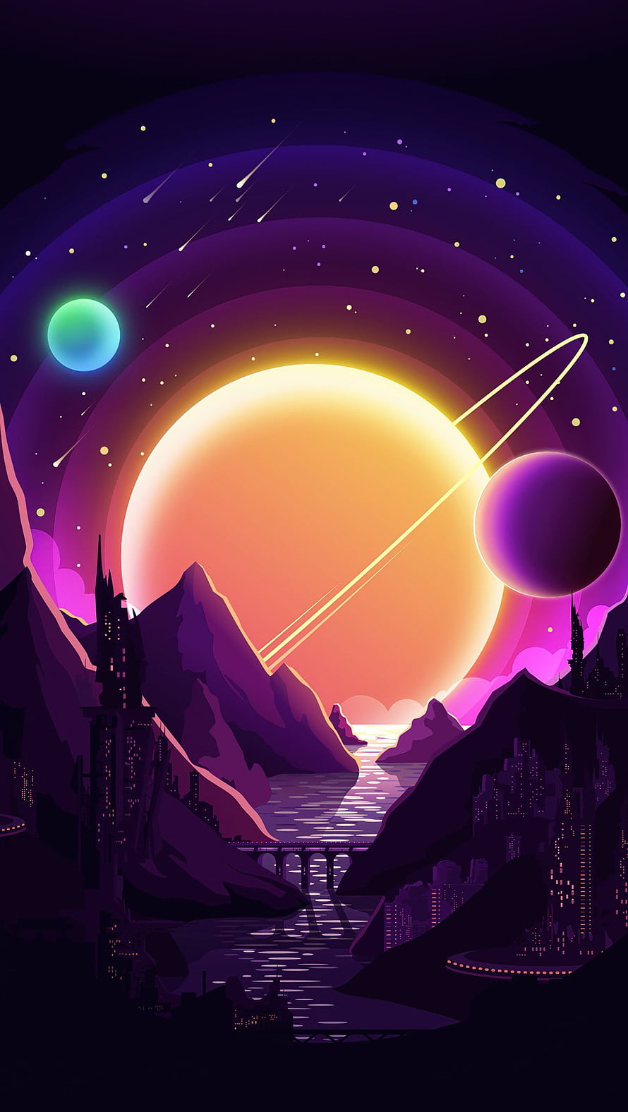 Retro Futuristic Sci-Fi Landscape With Giant Sun, Ringed Planet, and Neon Cityscape HD phone wallpaper