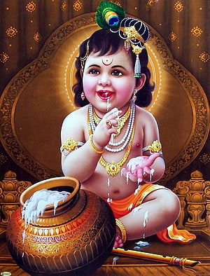 Baby Krishna Stealing Butter from a Pot with Peacock Feather Crown HD phone wallpaper