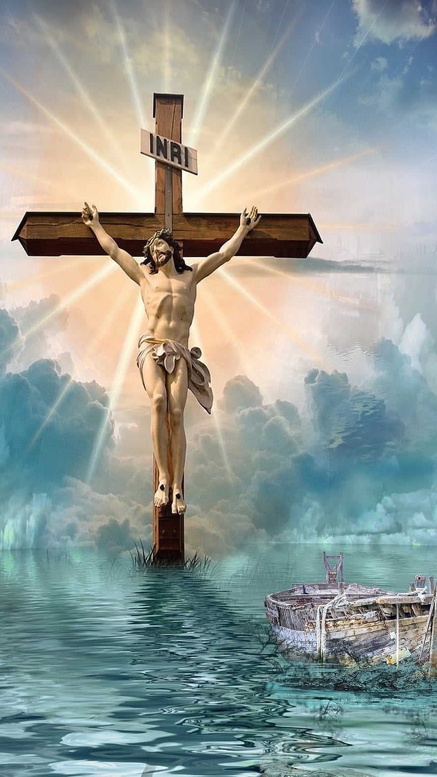 Jesus on the Cross with Radiant Divine Light and Serene Water Landscape HD phone wallpaper