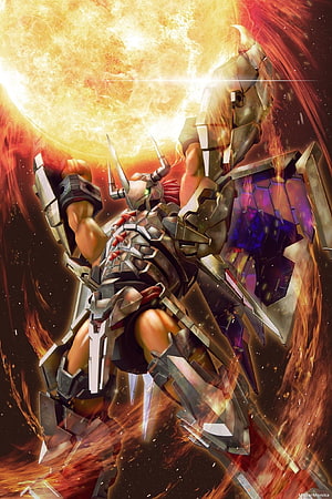 WarGreymon in Dramatic Action Pose with Fiery Solar Background HD phone wallpaper