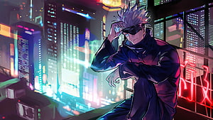 Satoru Gojo from Jujutsu Kaisen in a neon-lit cyberpunk cityscape at night, wearing his signature blindfold and dark uniform, anime digital art wallpaper HD wallpaper