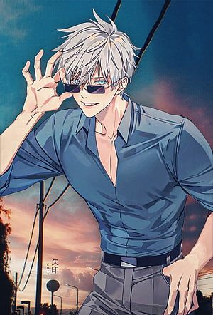 Gojo Satoru Anime Character Wearing Sunglasses and Blue Shirt at Sunset HD phone wallpaper