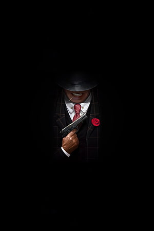 Stylized Gangster in Fedora Holding Pistol with Red Rose and Cigarette HD phone wallpaper