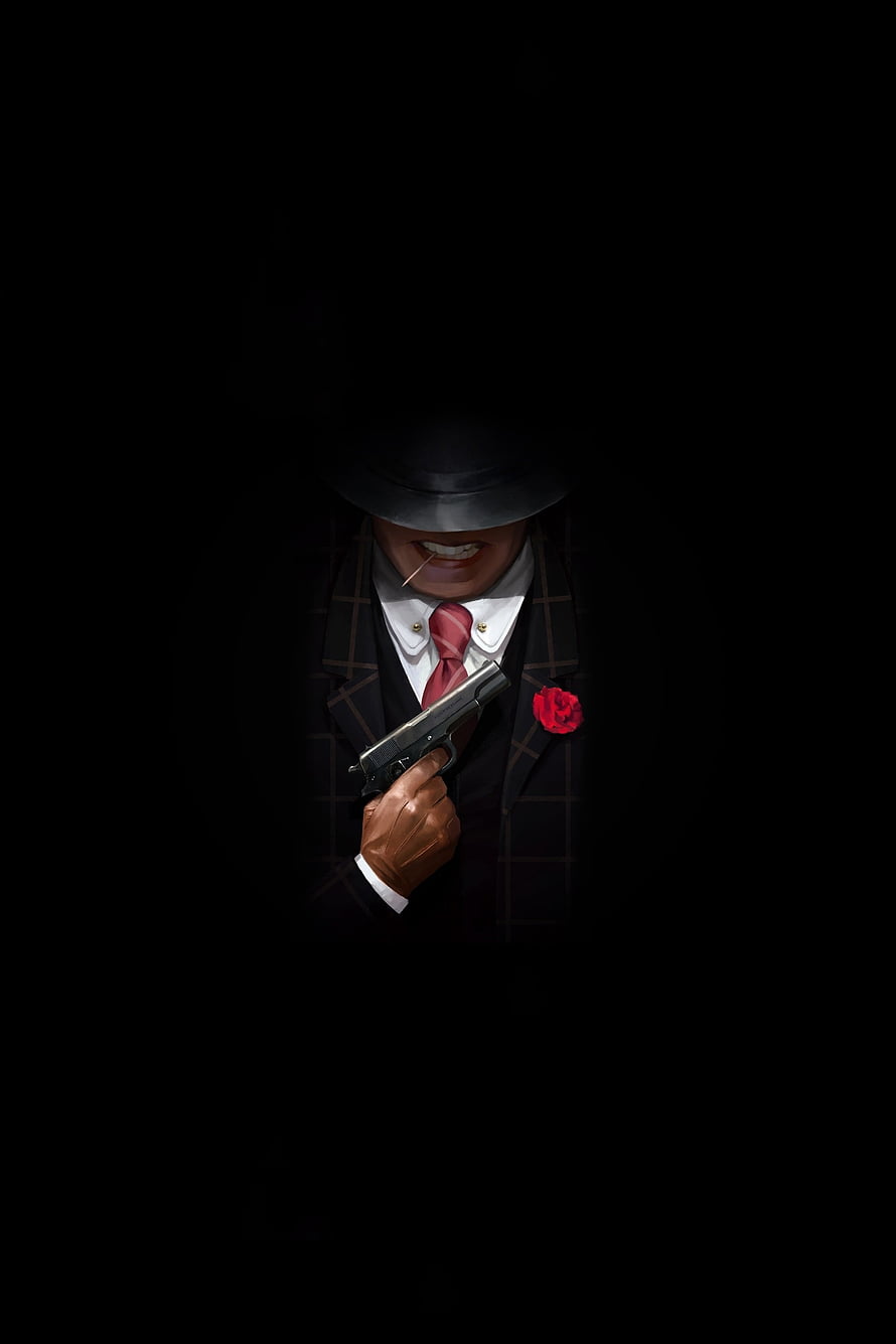 Stylized Gangster in Fedora Holding Pistol with Red Rose and Cigarette HD phone wallpaper