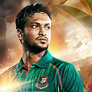 Shakib Al Hasan in Bangladesh Cricket Board Green Jersey with Golden Background HD phone wallpaper