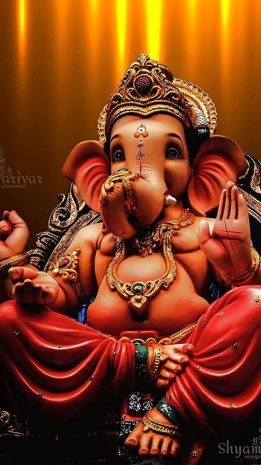 Lord Ganesha Hindu Deity Statue With Golden Crown And Red Robes HD phone wallpaper