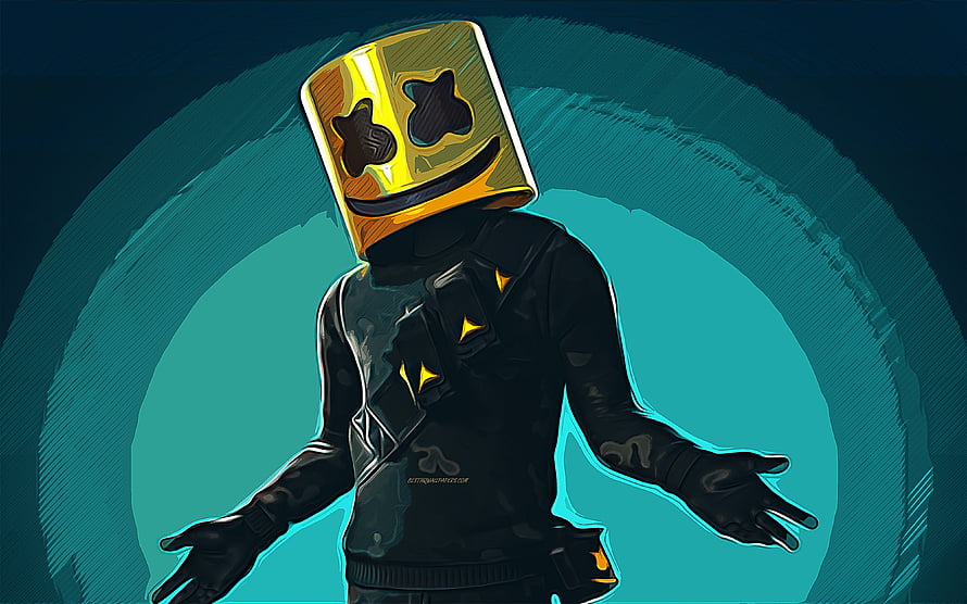 Fortnite Marshmello Skin Digital Illustration with Golden Mask and Black Outfit HD wallpaper