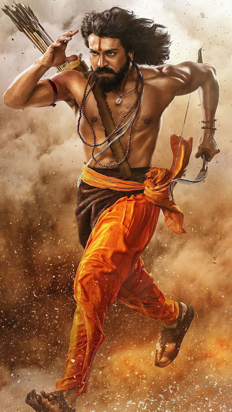 Action-packed warrior with bow and arrows in dynamic battle pose HD phone wallpaper