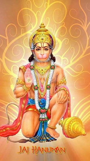 Hanuman Devotional Portrait in Traditional Attire with Golden Crown and Conch Shell, Jay Hanuman, Jay Bajrangbali HD phone wallpaper