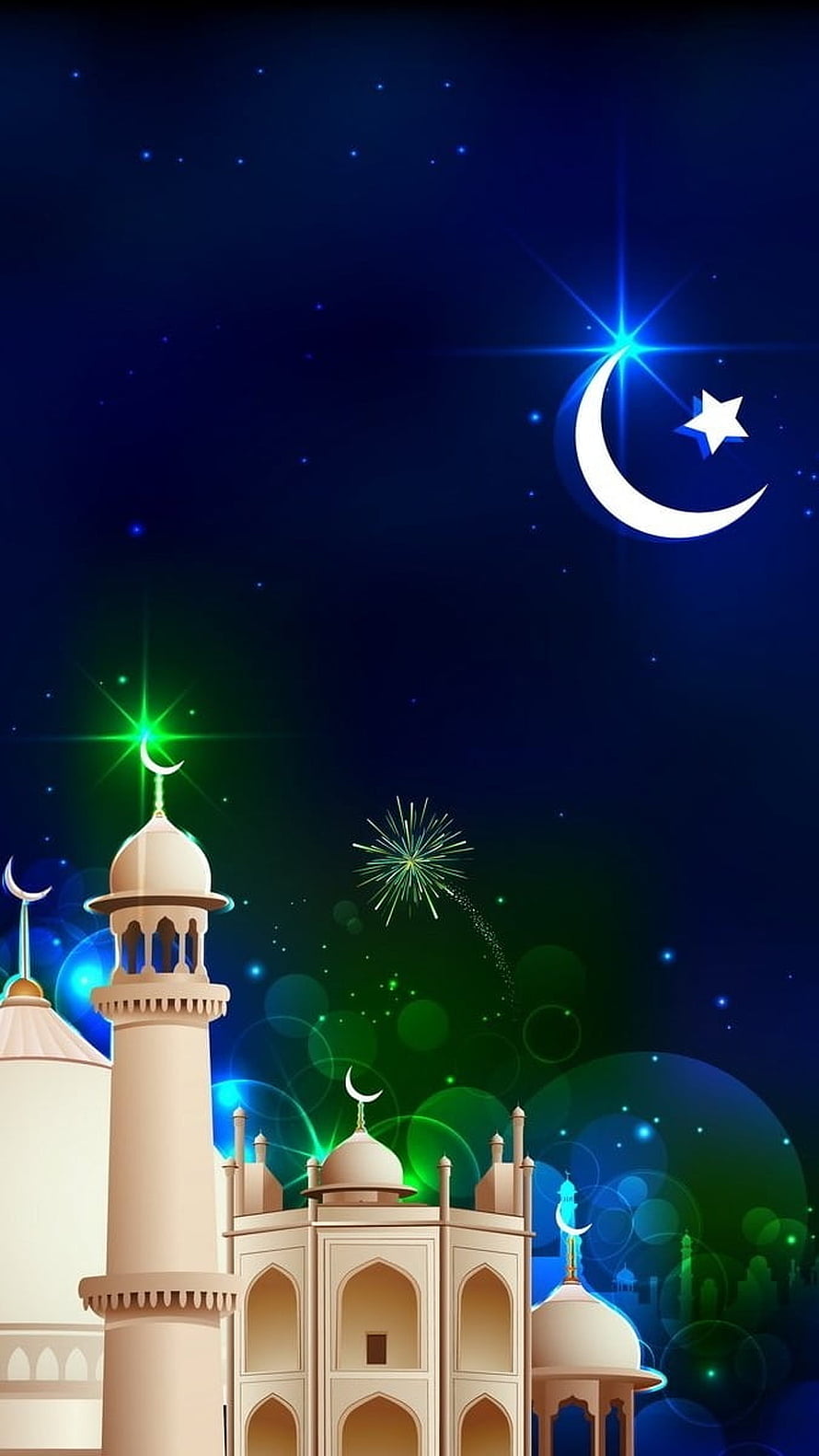 Islamic Mosque Night Sky With Crescent Moon Star And Fireworks Celebration Wallpaper HD phone wallpaper