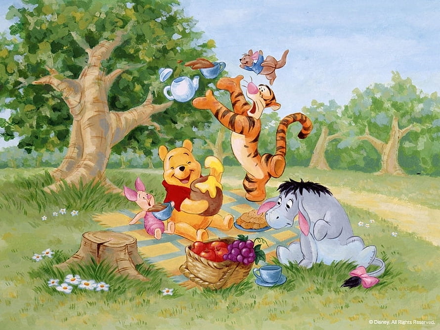 Winnie the Pooh and Friends Enjoying a Sunny Picnic in the Hundred Acre Wood HD wallpaper