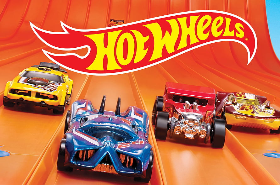 Hot Wheels Die-Cast Toy Cars Racing on Orange Track with Logo HD wallpaper