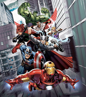 Avengers Assemble Comic Art Featuring Iron Man, Captain America, Thor, Hulk, Black Widow, Hawkeye, and Falcon HD phone wallpaper