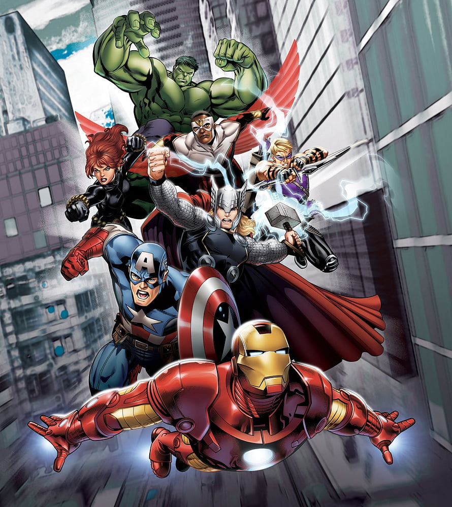 Avengers Assemble Comic Art Featuring Iron Man, Captain America, Thor, Hulk, Black Widow, Hawkeye, and Falcon HD phone wallpaper