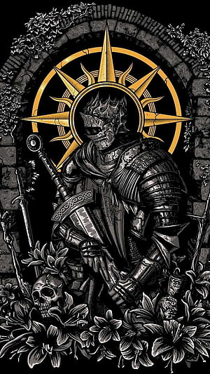 Dark Souls Knight in Ornate Armor with Golden Sunburst Halo and Floral Details HD phone wallpaper