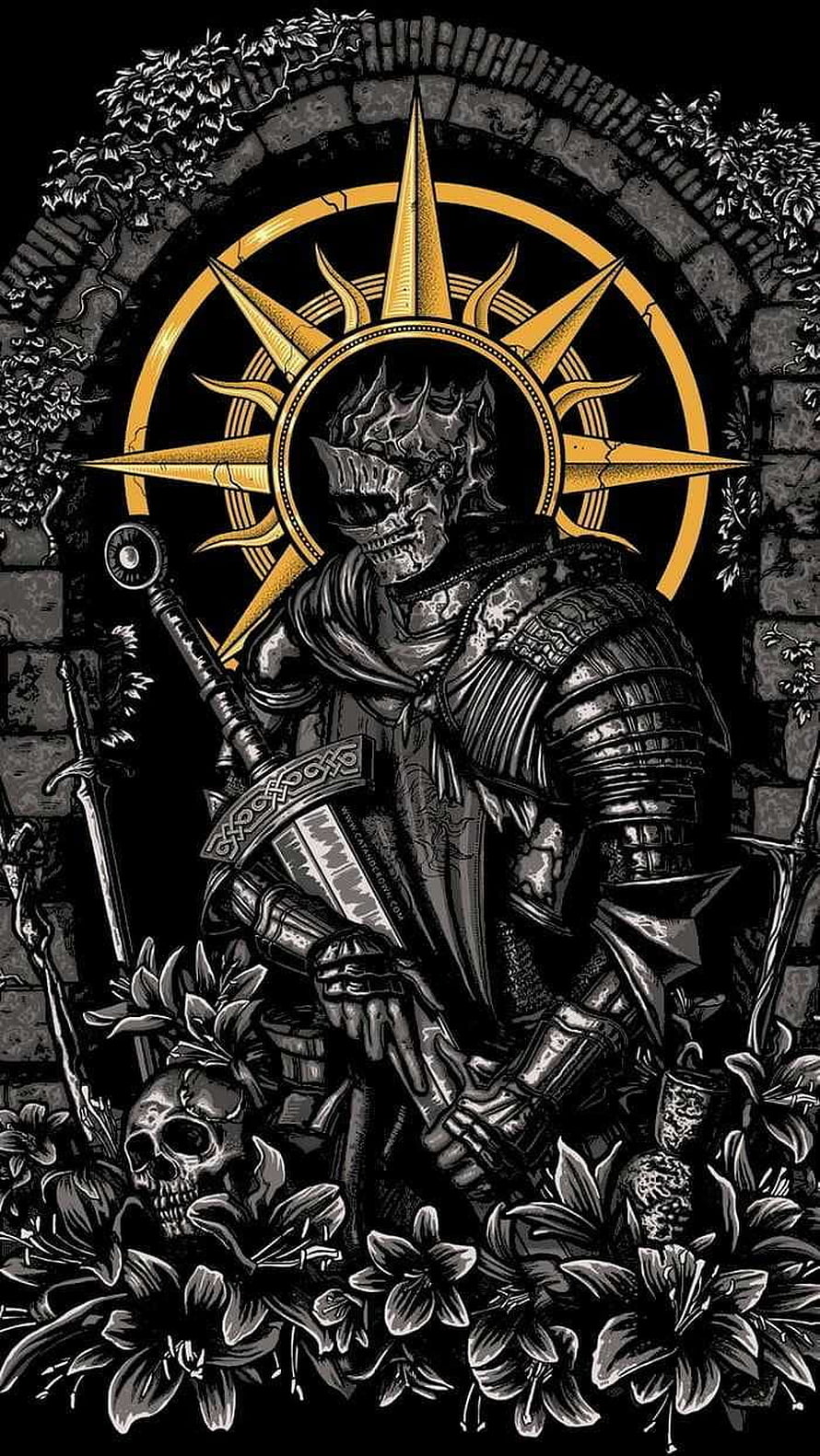 Dark Souls Knight in Ornate Armor with Golden Sunburst Halo and Floral Details HD phone wallpaper