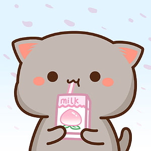 Cute Gray Cat Drinking Peach Milk Cartoon Illustration HD phone wallpaper