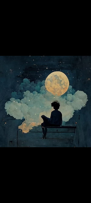 Solitary figure gazing at a full moon rising above soft clouds in a starry night sky HD phone wallpaper