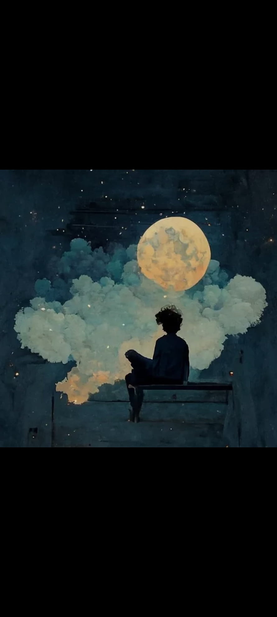 Solitary figure gazing at a full moon rising above soft clouds in a starry night sky HD phone wallpaper