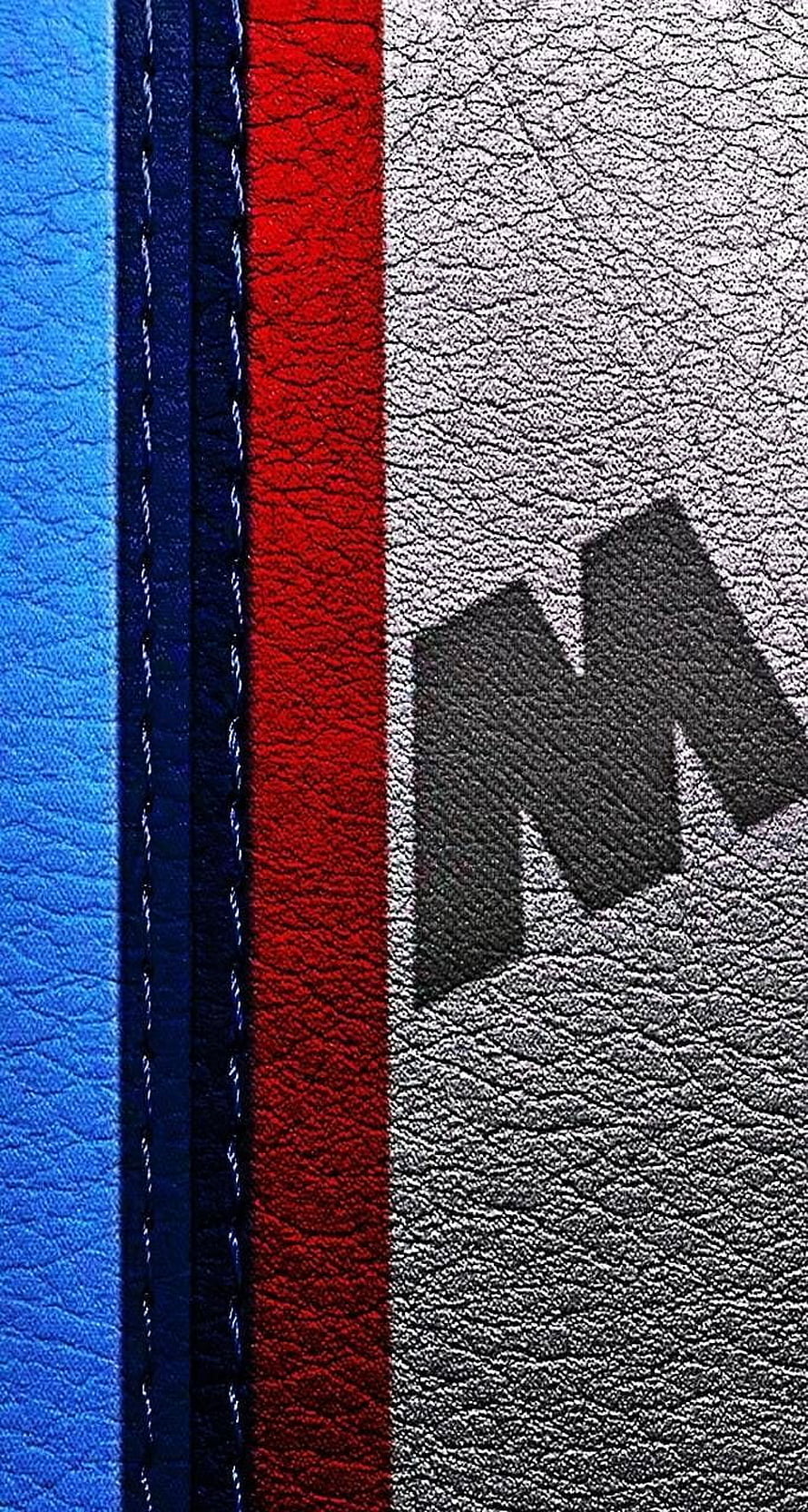 BMW M Power Logo on Textured Leather with Blue, Dark Blue, and Red Stripes HD phone wallpaper