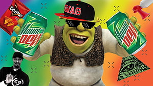 Shrek in Swag Cap and Pixelated Sunglasses Holding Mountain Dew Cans HD wallpaper