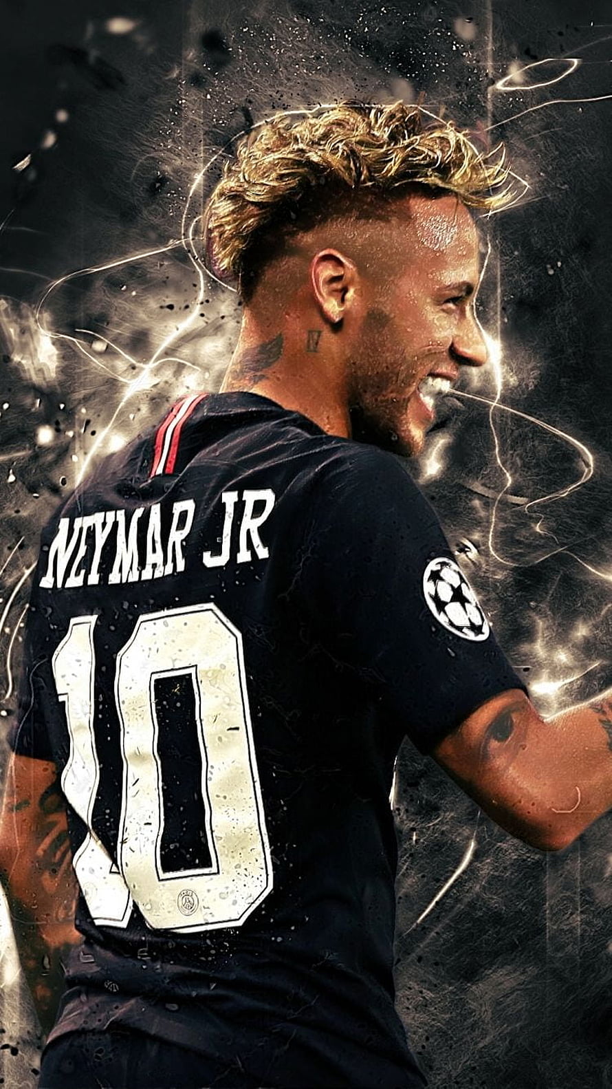 Neymar Jr in Paris Saint-Germain Kit with Dramatic Lightning Effects and Dark Artistic Background HD phone wallpaper