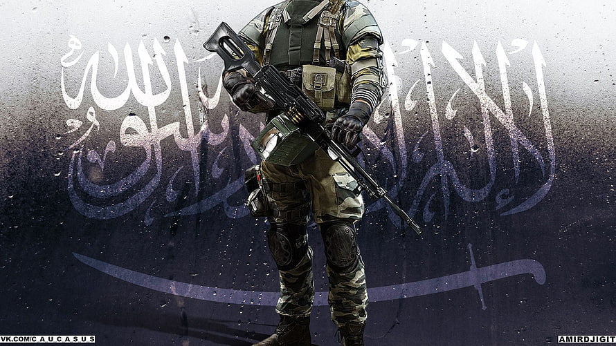 Armed soldier in tactical camouflage gear holding rifle against dark background with Arabic calligraphy HD wallpaper