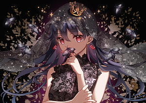 Anime Princess in Black Lace Dress with Crown and Veil Surrounded by Moths HD wallpaper