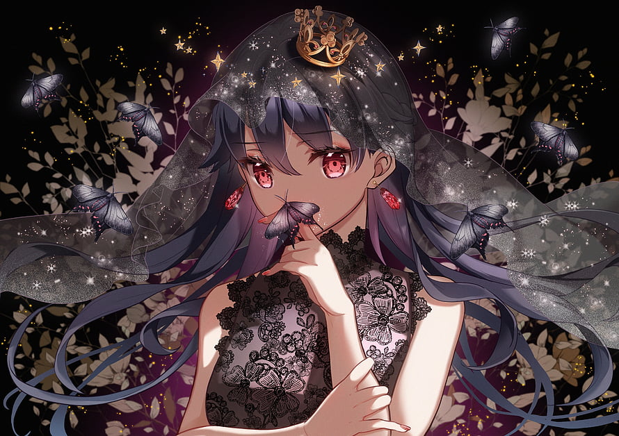 Anime Princess in Black Lace Dress with Crown and Veil Surrounded by Moths HD wallpaper