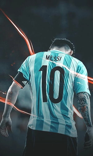 Lionel Messi Argentina Number 10 Jersey Back View With Dynamic Light Trails HD phone wallpaper