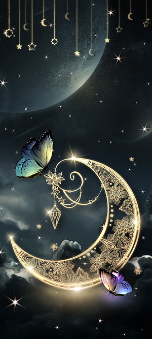 Magical Golden Crescent Moon With Butterflies And Hanging Stars In Night Sky HD phone wallpaper