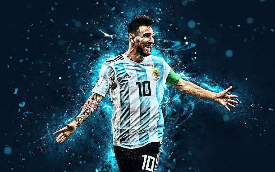 Lionel Messi in Argentina National Team Kit with Dynamic Blue Energy Effects HD wallpaper