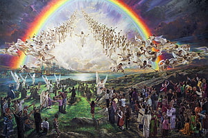 The Second Coming of Jesus Christ with Angels and Rainbow Over a Crowd HD wallpaper