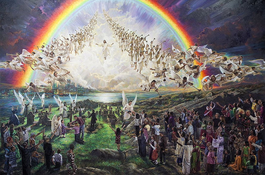 The Second Coming of Jesus Christ with Angels and Rainbow Over a Crowd HD wallpaper