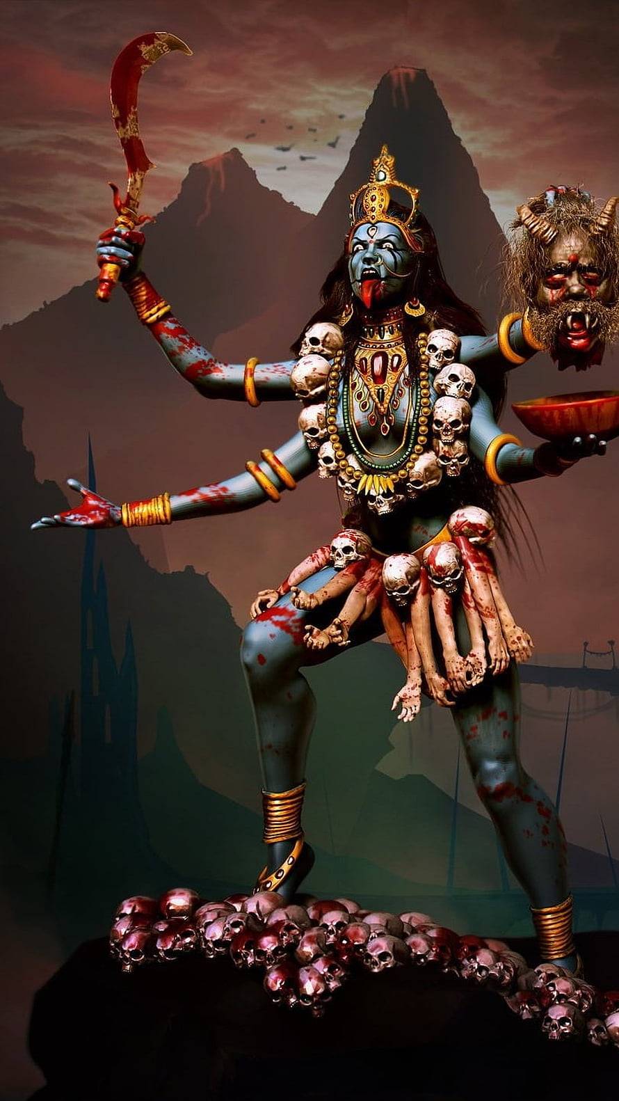 Kali Ma Hindu Goddess of Destruction with Skulls and Sword HD phone wallpaper