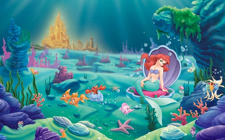 Ariel from The Little Mermaid sitting in a giant seashell with Sebastian and Flounder in an underwater kingdom HD wallpaper
