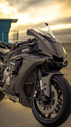 Matte Black Yamaha R1 Sport Motorcycle at Sunset HD phone wallpaper