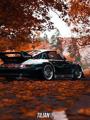 RWB Porsche 911 Widebody in Autumn Foliage with Teal Paint and Large Rear Wing HD phone wallpaper